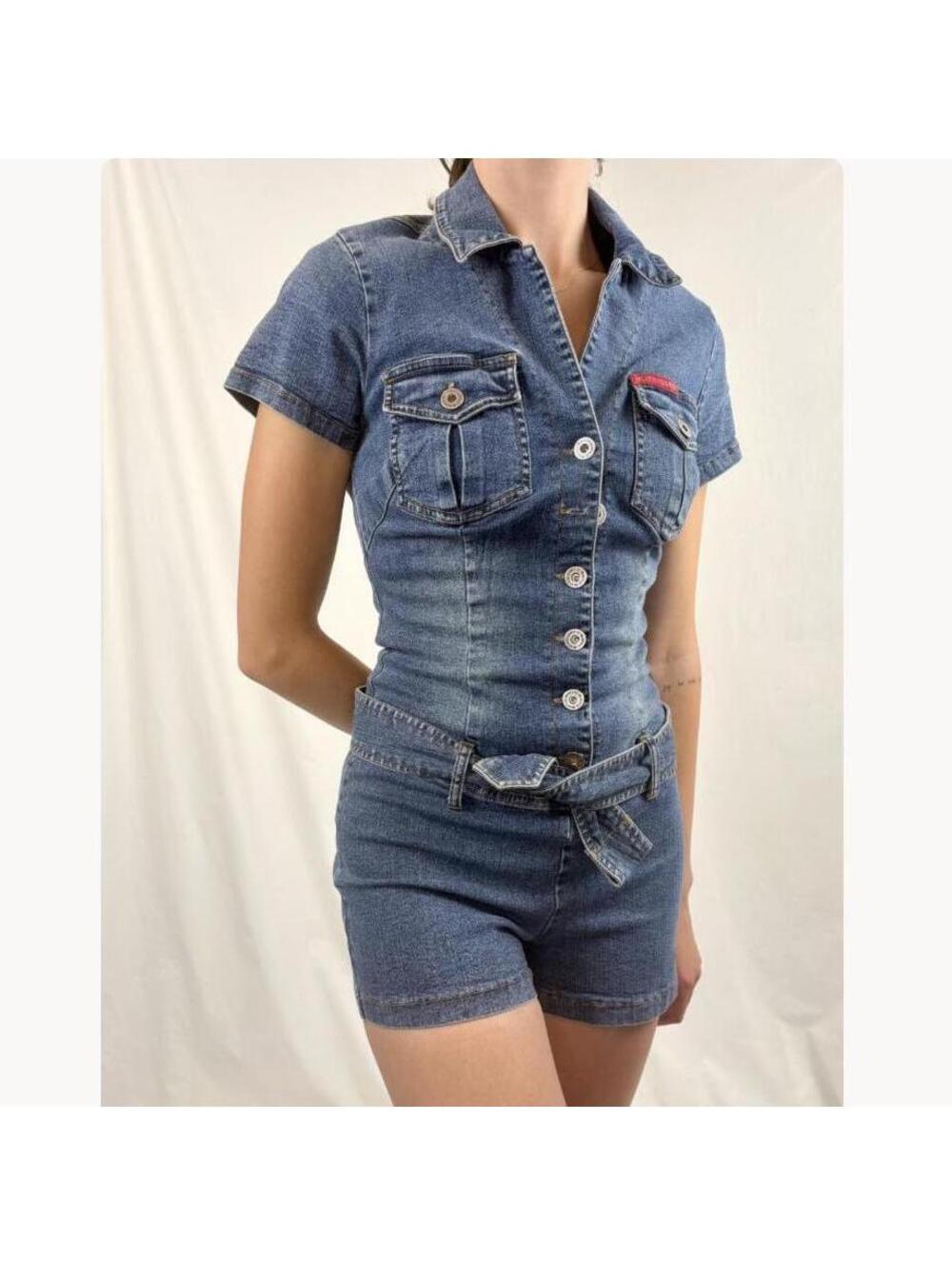Vintage 2000s Hot Kiss Stretch Denim Belted Playsuit Romper XS